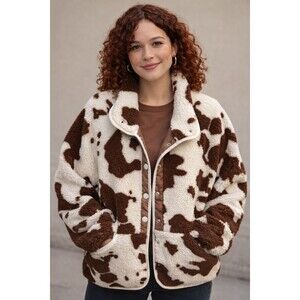 NWT Dokotoo Brown Cow Print Half Snap Women's Jacket Fleece Sz L